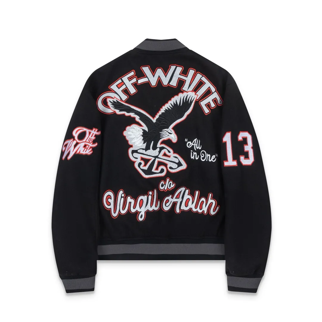 S61#P660, offwhite heavy-duty embroidered baseball jacket. The body is made of woolen fabric. Couple's jacket. Black size: S M L XL